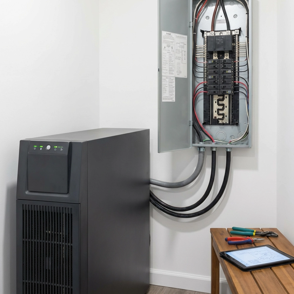 Rozdzielnice elektryczne z otwartą szafką, zasilacz UPS, widoczne przewody i narzędzia serwisowe