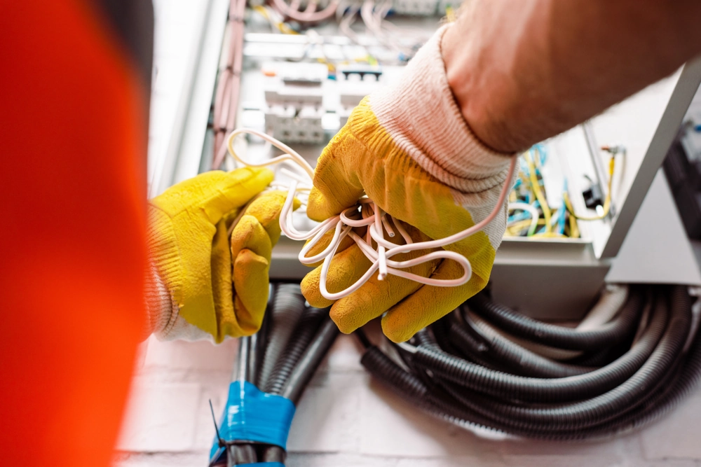 Instalacje elektryczne: elektryk w ochronnych rękawicach podłączający przewody w rozdzielnicy