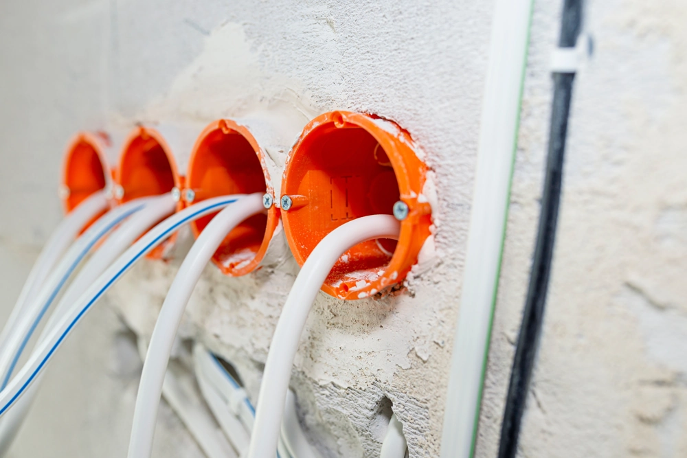 Instalacje elektryczne: montaż puszek pod gniazdka z wyprowadzonymi przewodami w świeżej ścianie